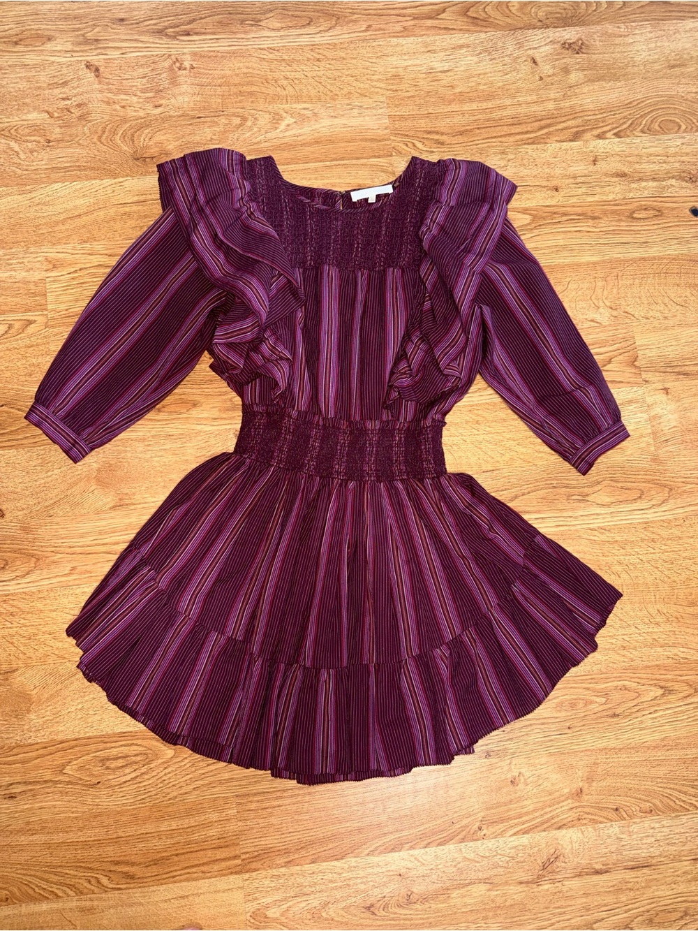 LoveShackFancy Plum & Magenta Striped Ruffle Mini Dress